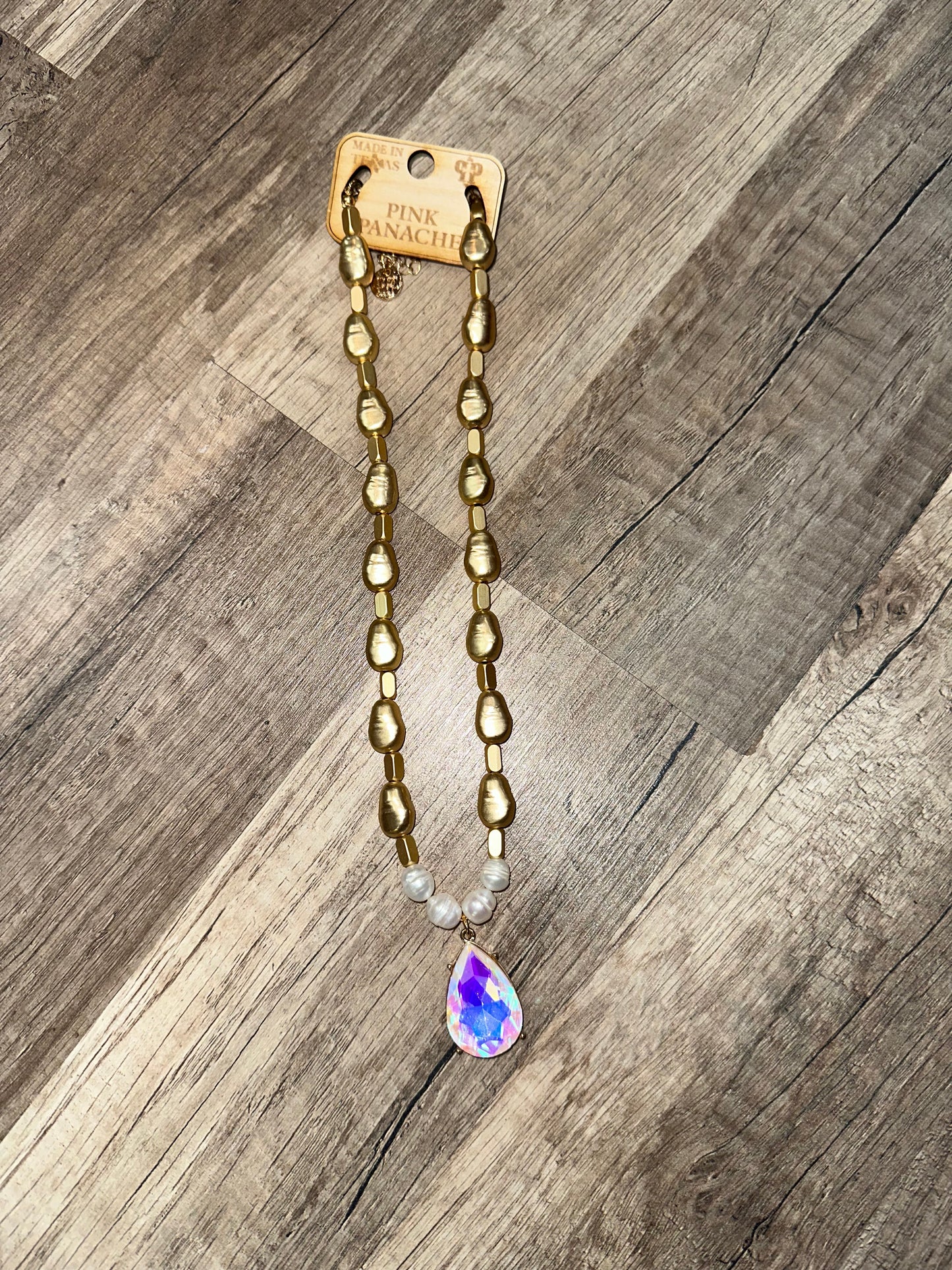 Gold and Pearl Necklace with Iridescent Stone