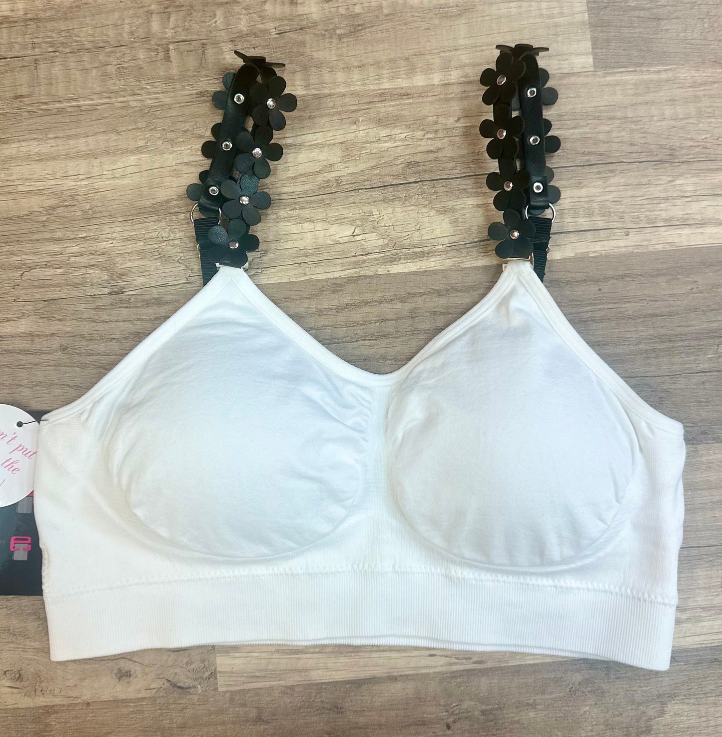 Strap- It Bra - White with Black Flower Straps