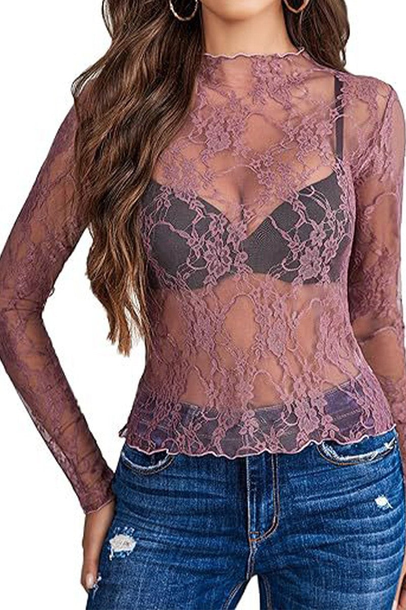 Lace Sheer Mesh Top: Dusty Pink