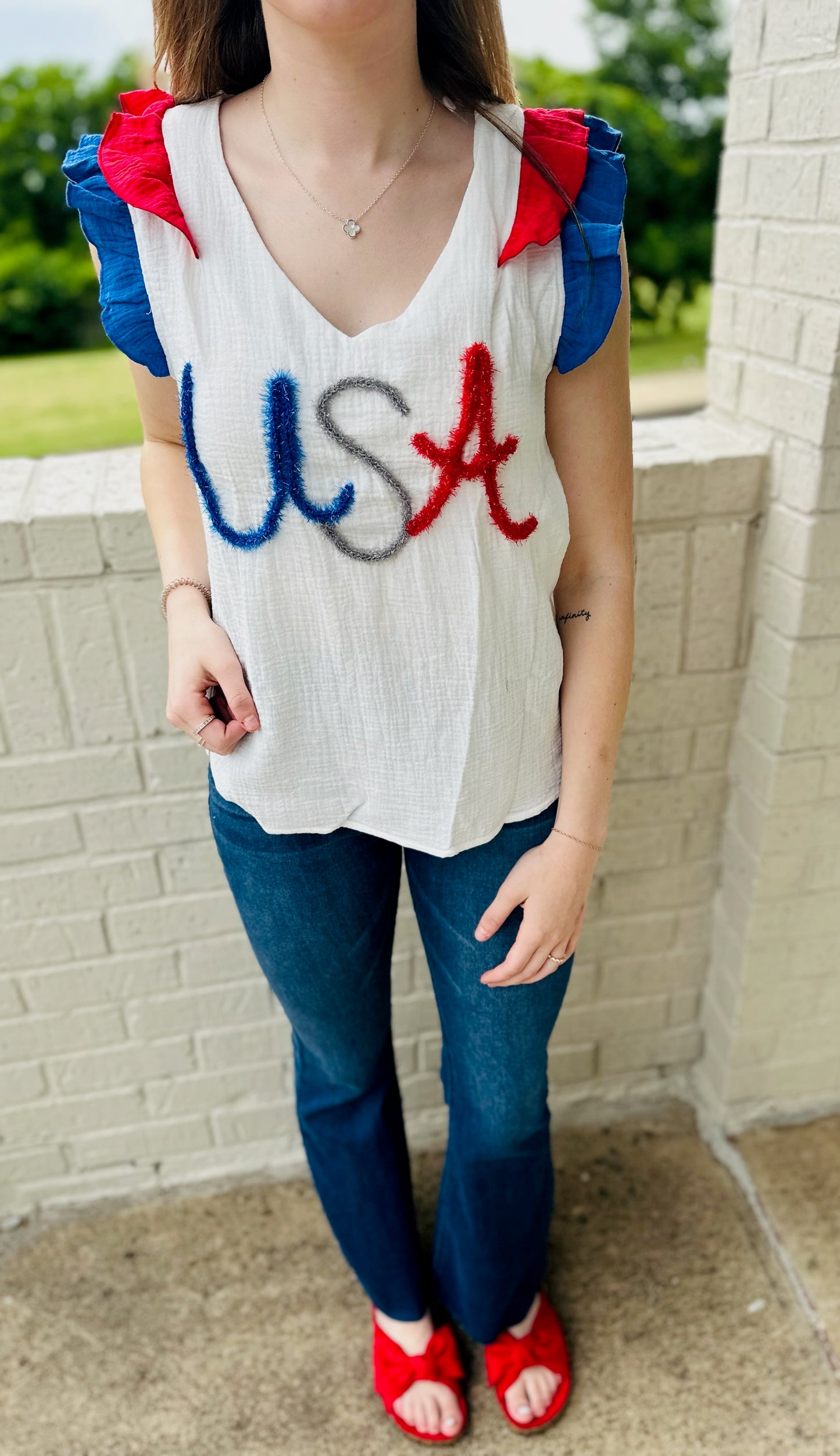 USA Metallic Tinsel Color Block Top