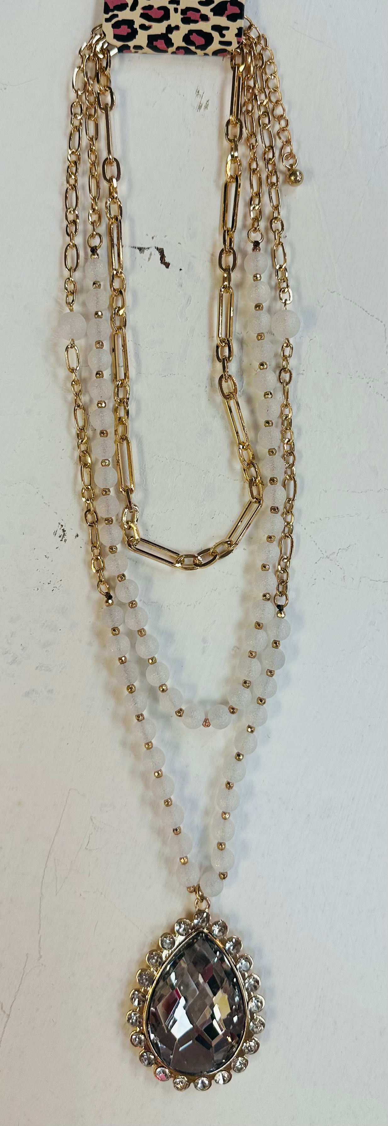 Frosted White and Gold Beaded Necklace