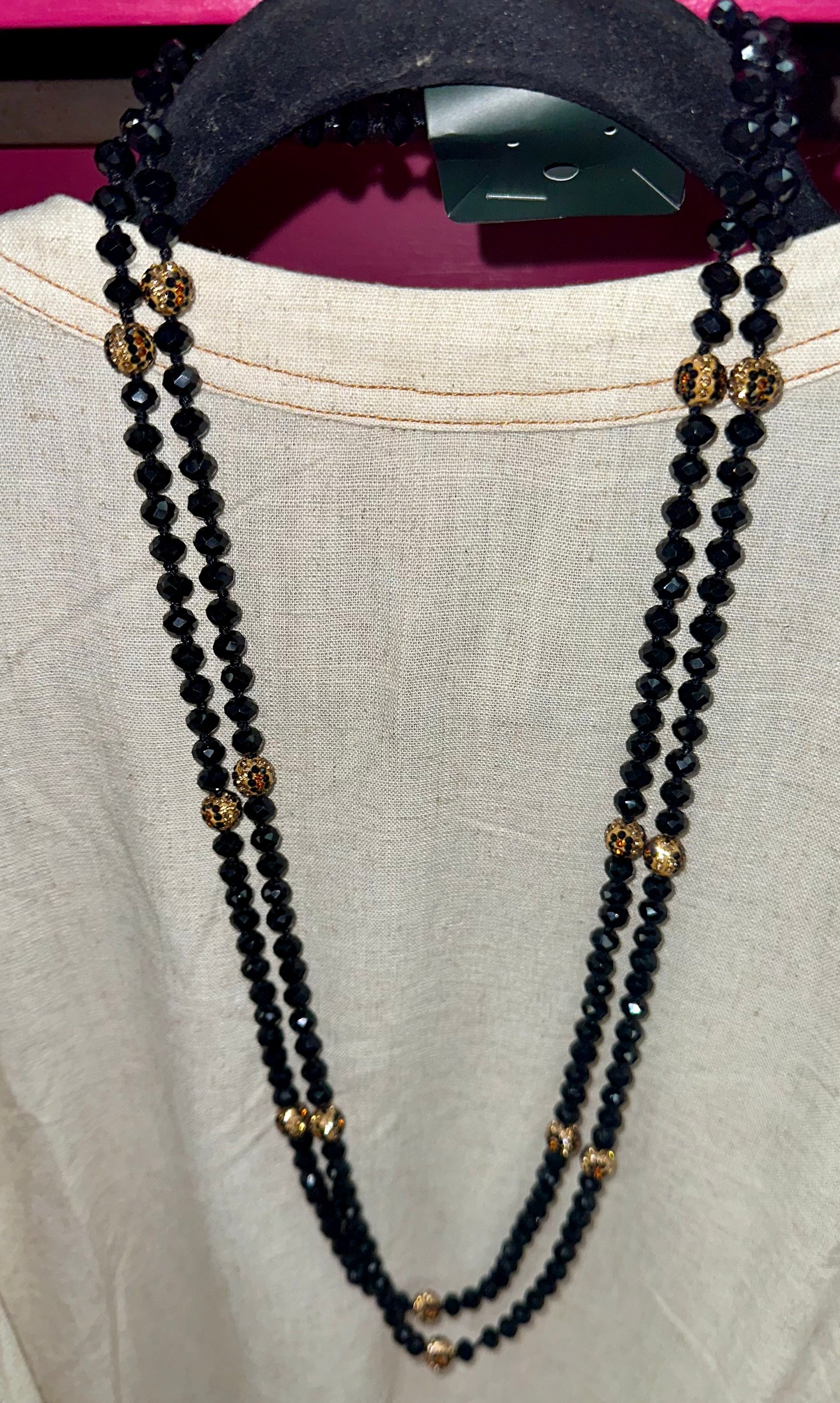 Rhinestone & Black Long Necklace